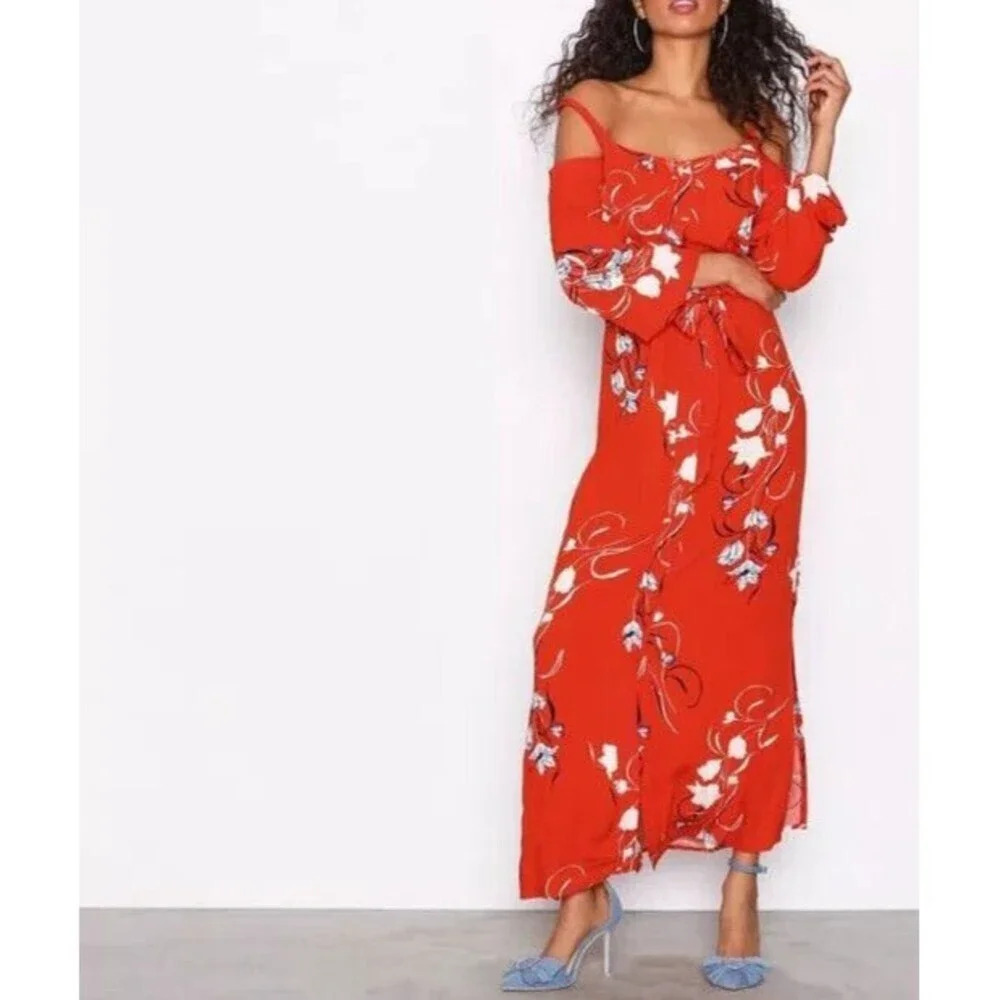Yas Womens Red Maxi Dress Large Bluebells LS Ancle Floral Cold Shoulder